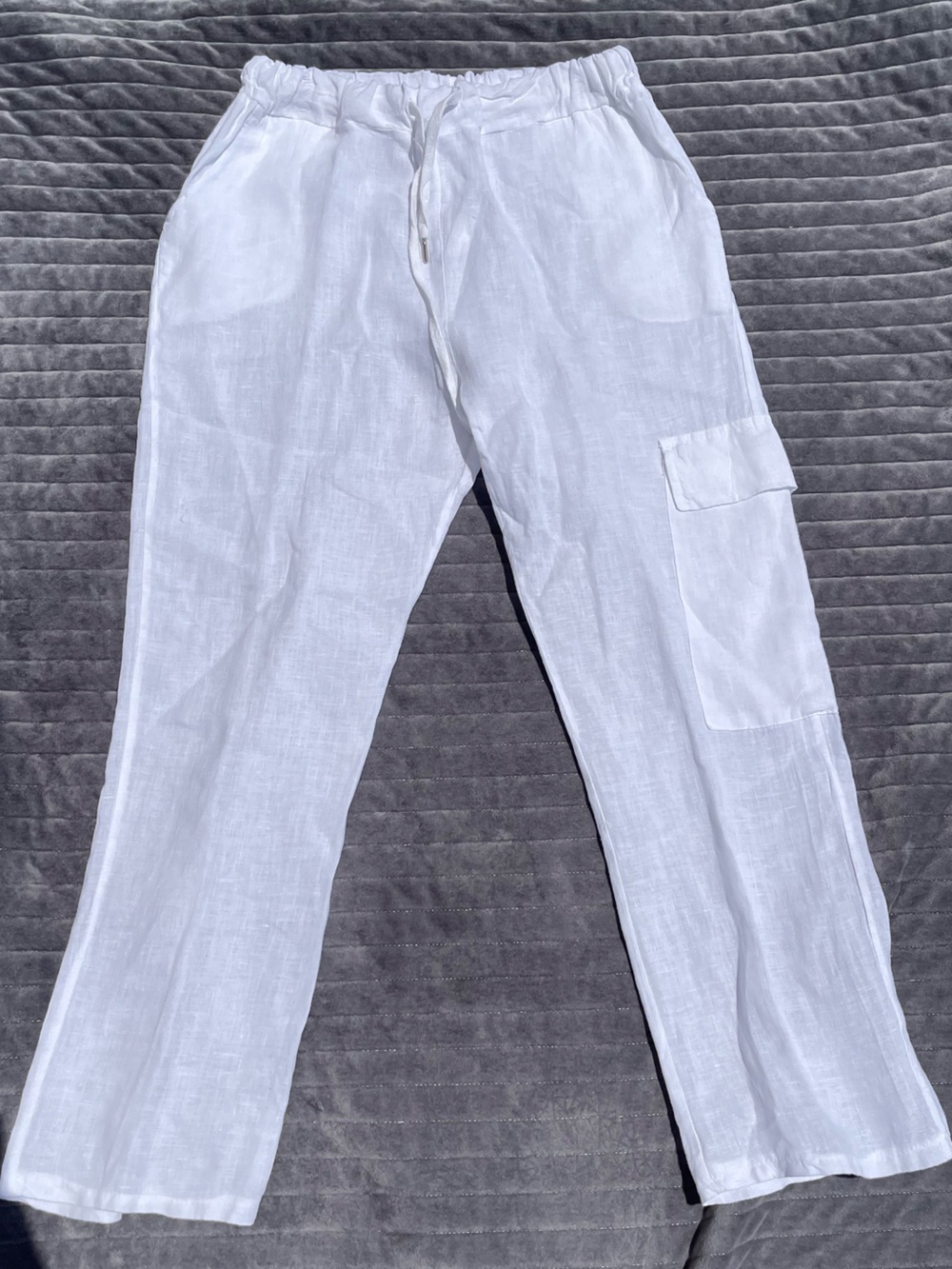 Meo Meli Women’s White Ethereal 100% Linen Pull-On Elastic Waistband Pants Small